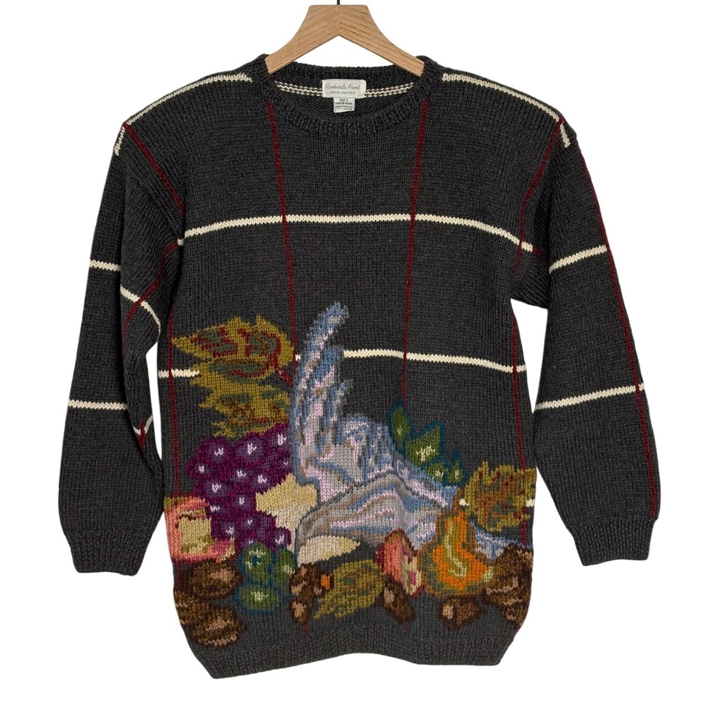 Roberta Frost Gray Hand Knitted Virgin Wool Fruit Graphic Sweater Medium